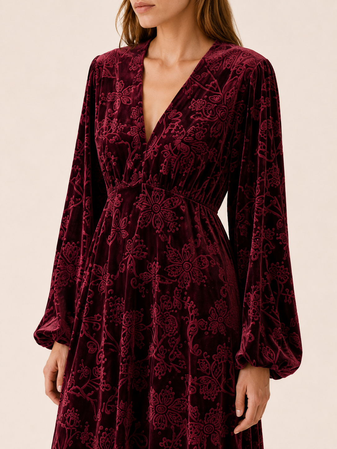 Brietta | Velour Maxi Dress with V Neck Jacquard Detail