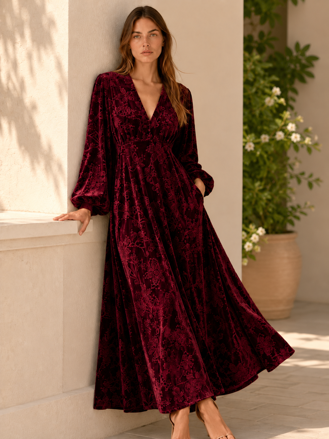 Brietta | Velour Maxi Dress with V Neck Jacquard Detail