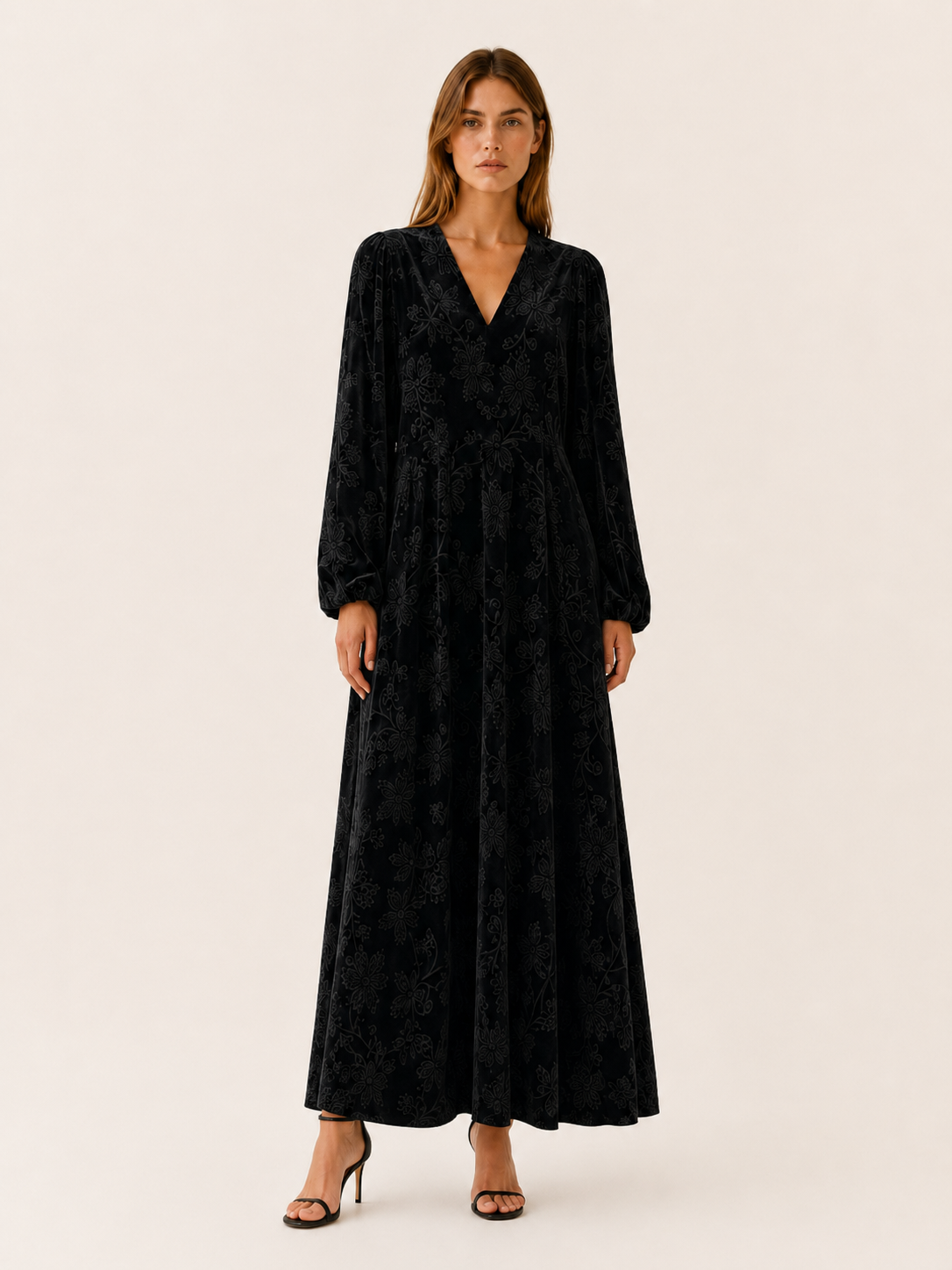 Brietta | Velour Maxi Dress with V Neck Jacquard Detail