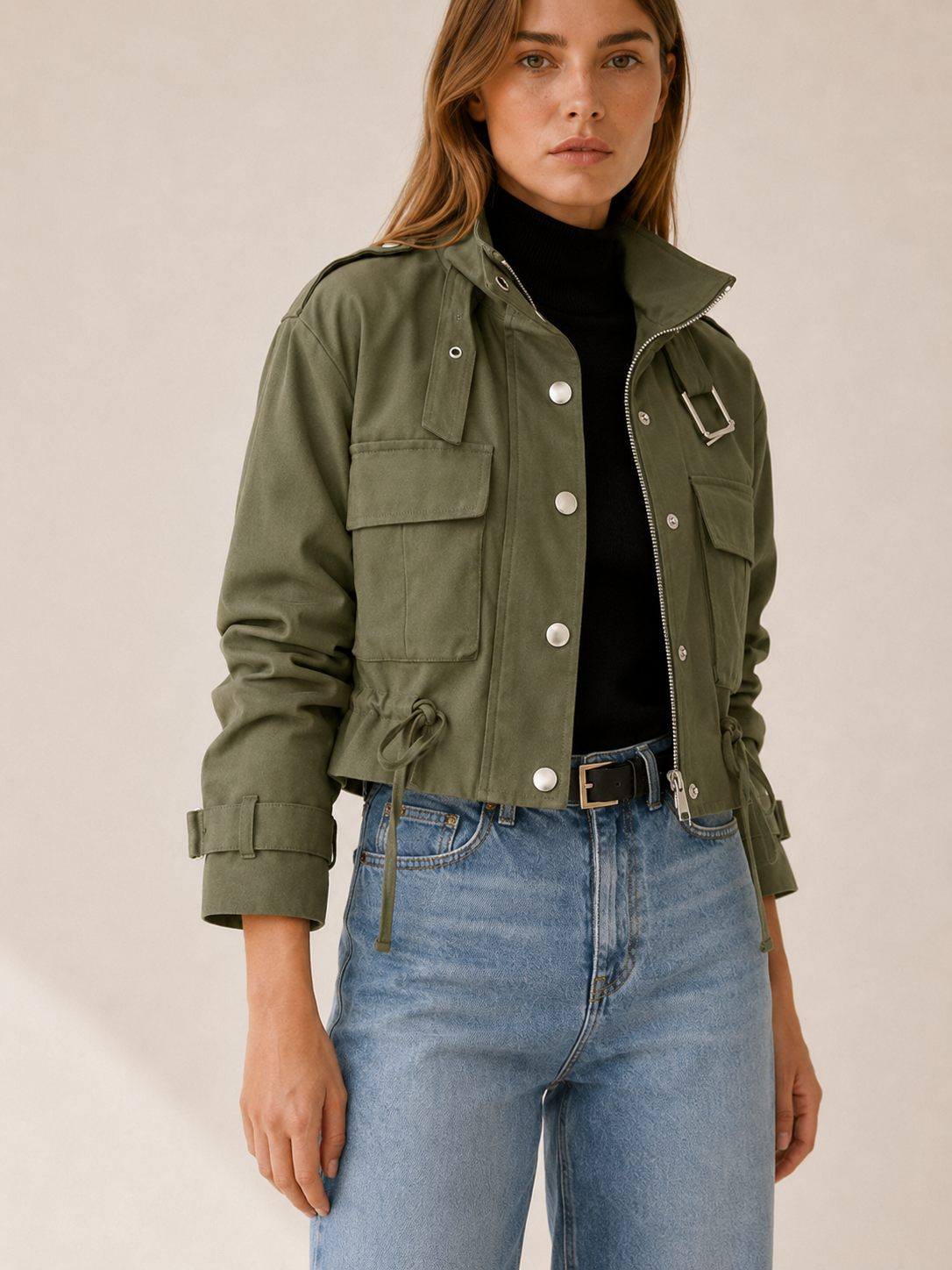 Brimara | Cropped Jacket with Utility Pockets and Drawstring Waist