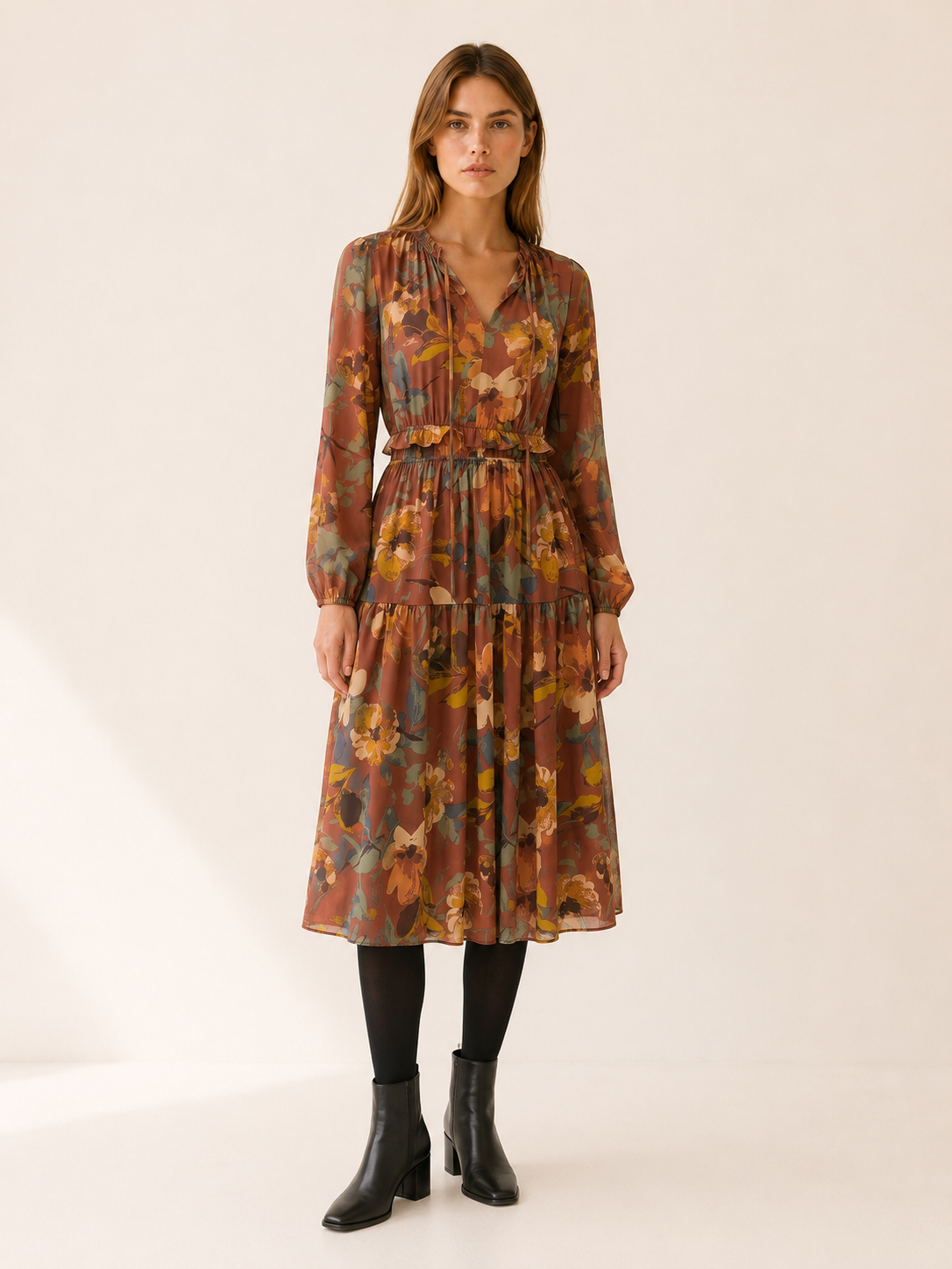 Brisavelle | Women's Tiered Midi Dress with Gathered Waist