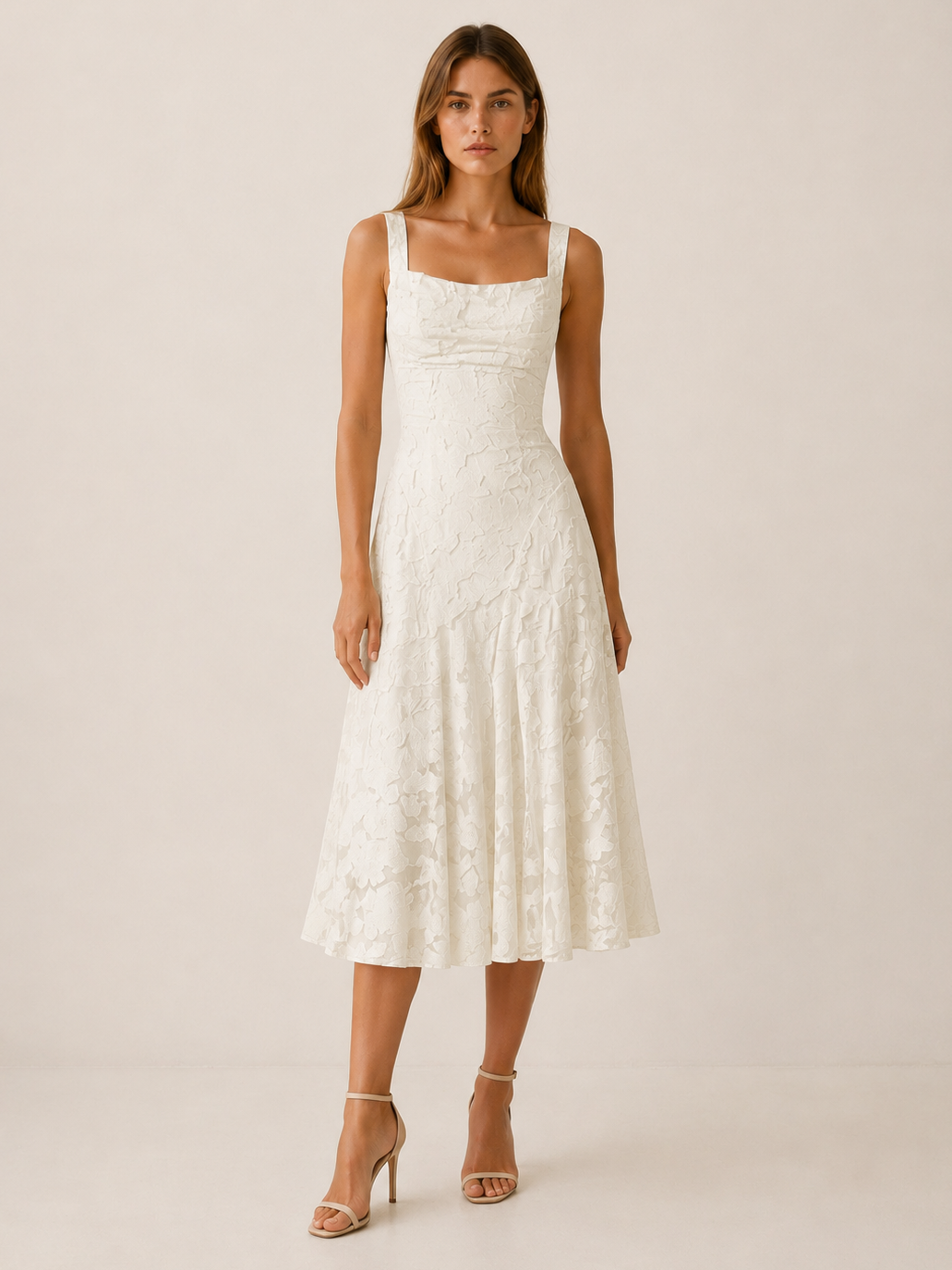 Briseis | Floral Lace Midi Dress with Square Neckline