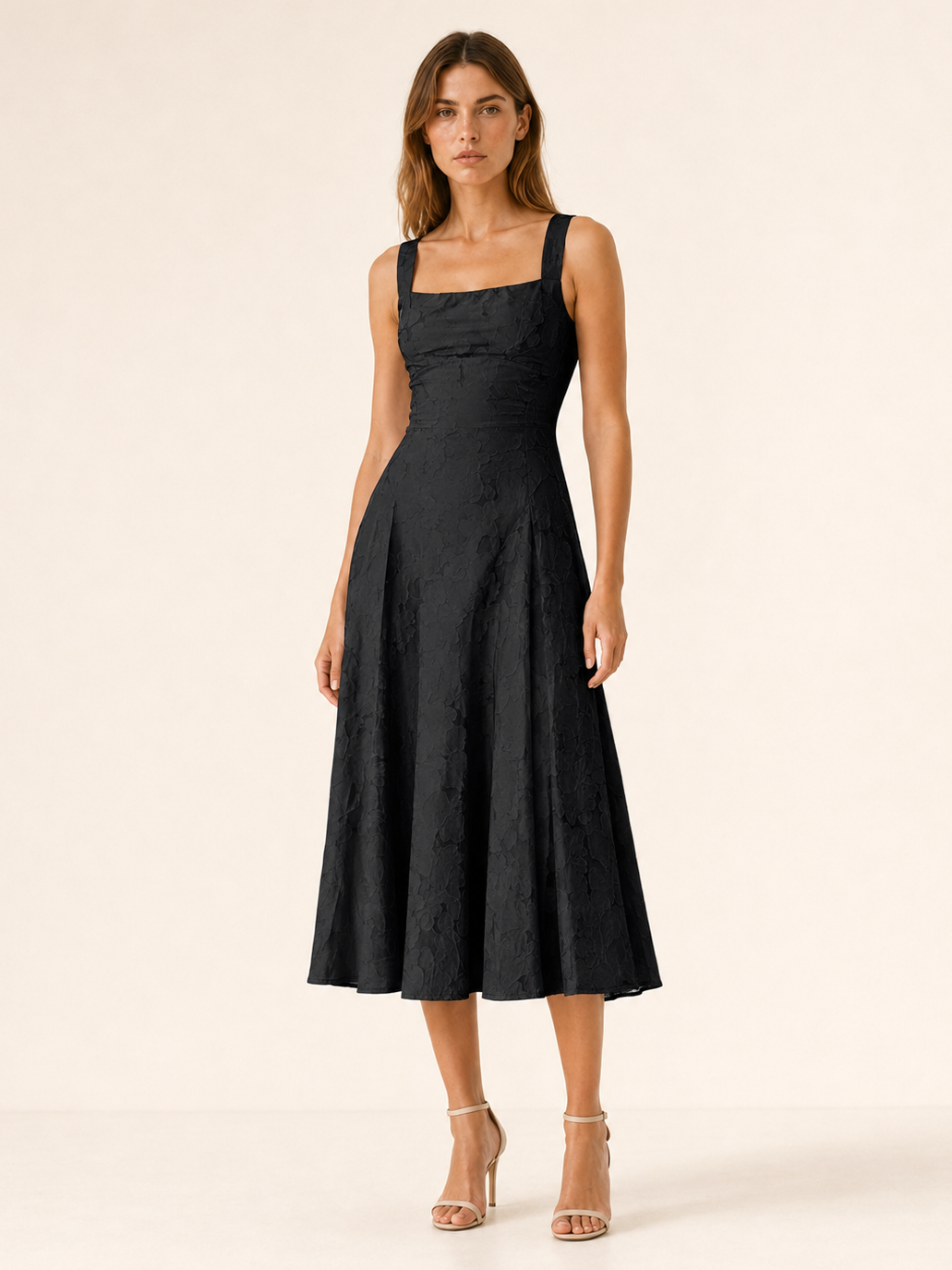 Briseis | Floral Lace Midi Dress with Square Neckline