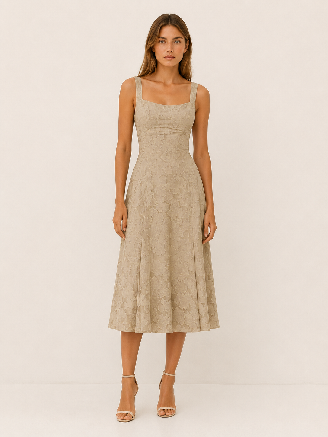 Briseis | Floral Lace Midi Dress with Square Neckline