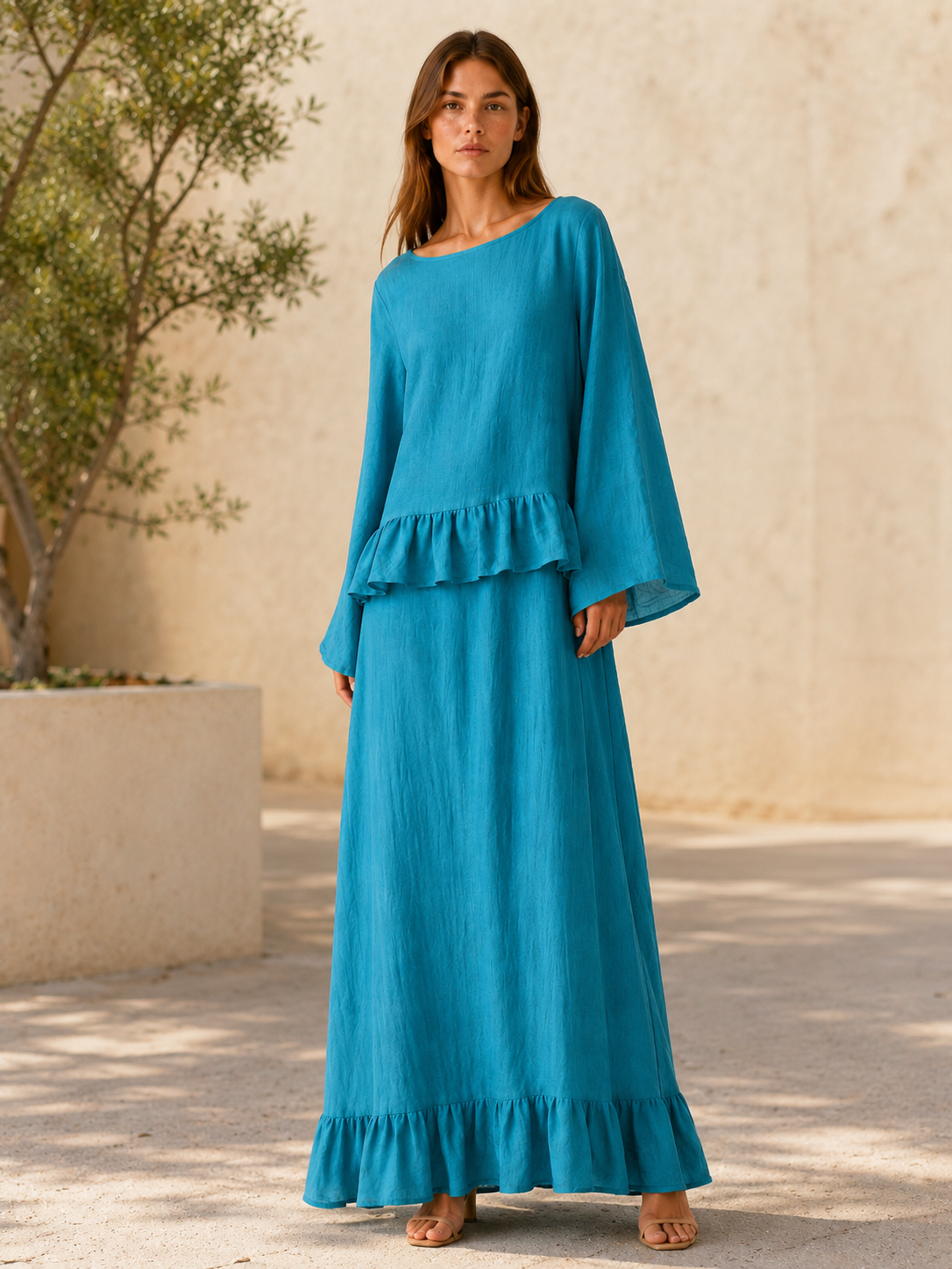 Bronte | Cotton Two-Piece Set with Ruffle Trim Maxi Skirt