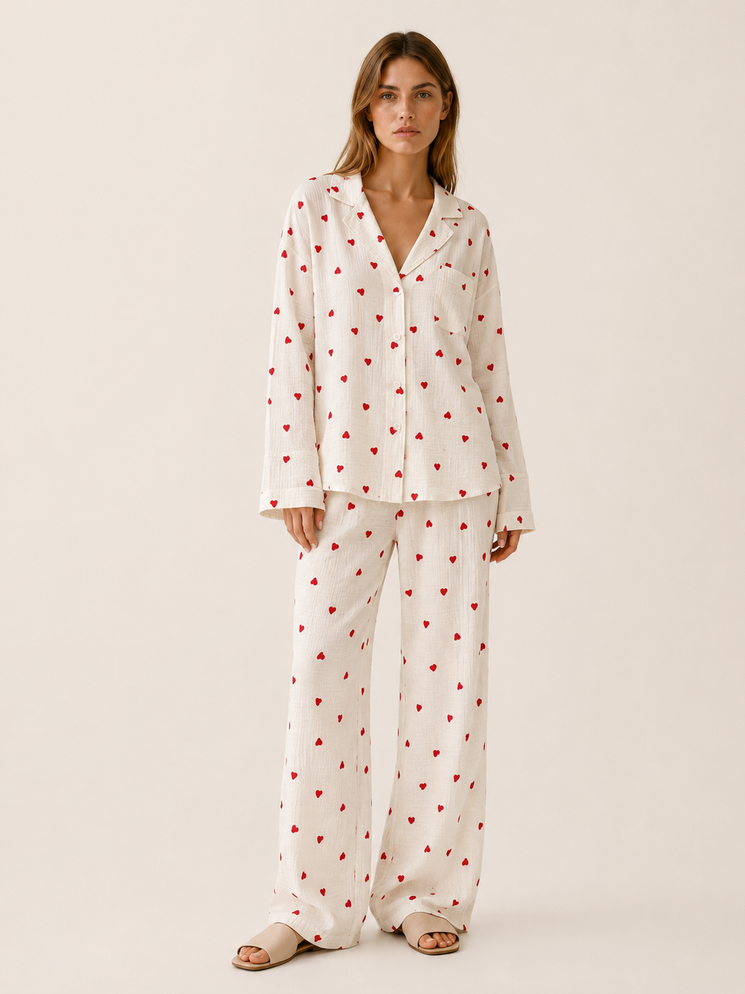 Bryony | Heart Print Pyjama Set with Button Shirt