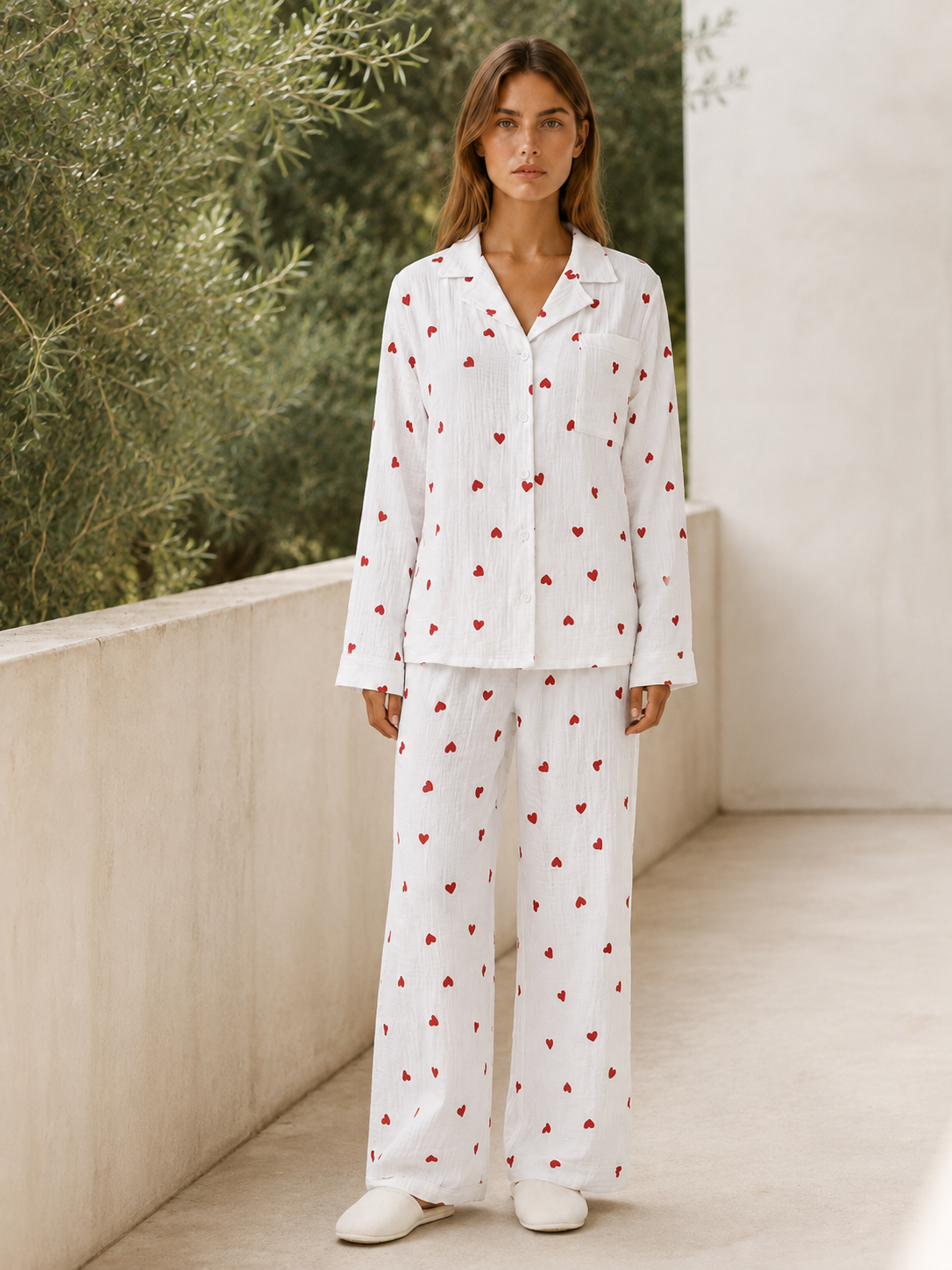 Bryony | Heart Print Pyjama Set with Button Shirt