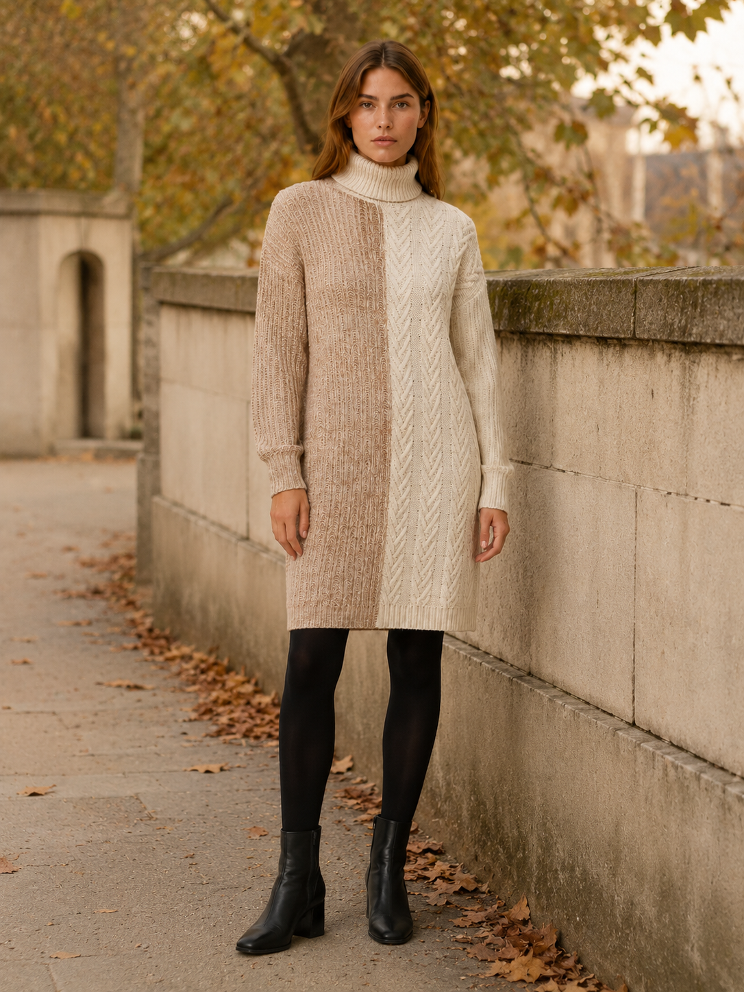 Caldrisse | Jumper Dress with Roll Neck and Textured Panels