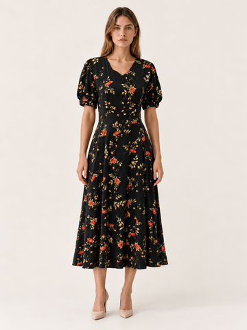 Cali | Floral Midi Dress with V Neck Short Sleeves