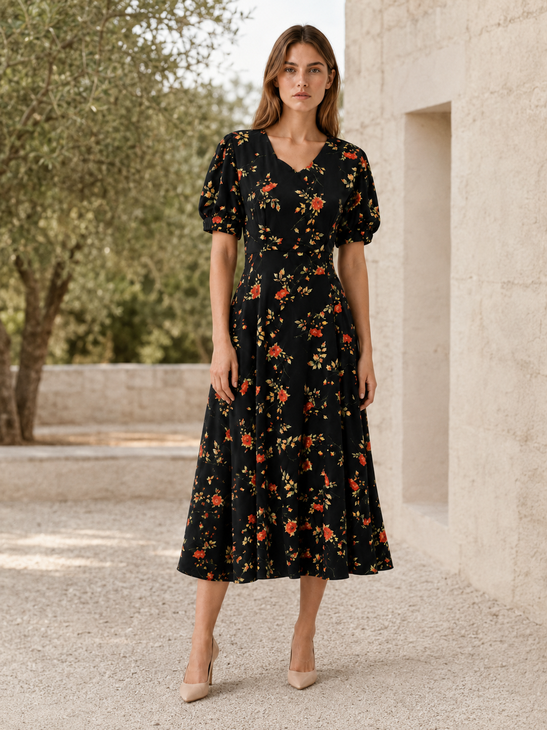 Cali | Floral Midi Dress with V Neck Short Sleeves