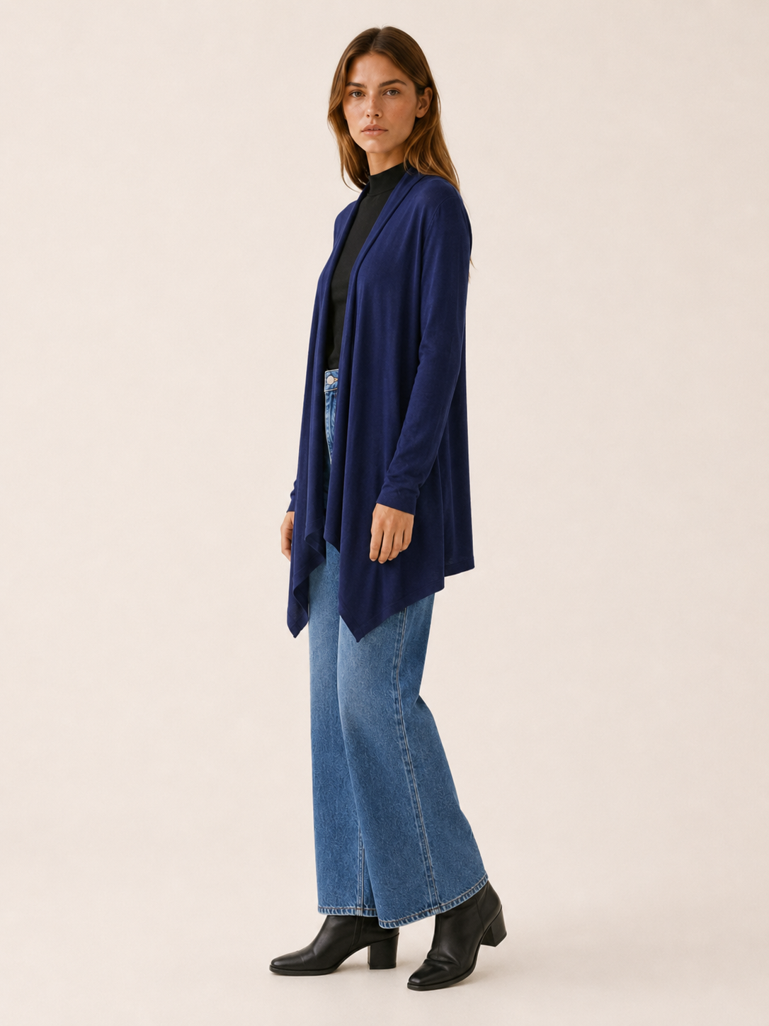 Calista | Long Cardigan with Open Front and Draped Hem