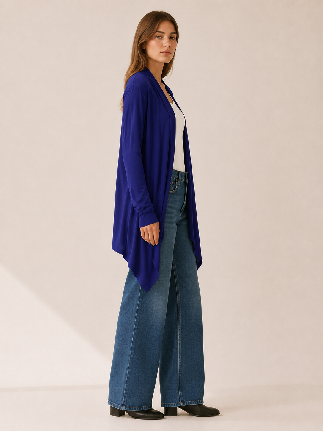Calista | Long Cardigan with Open Front and Draped Hem