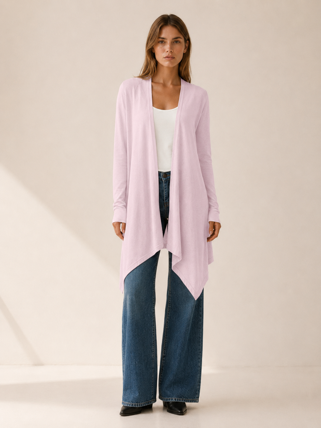 Calista | Long Cardigan with Open Front and Draped Hem