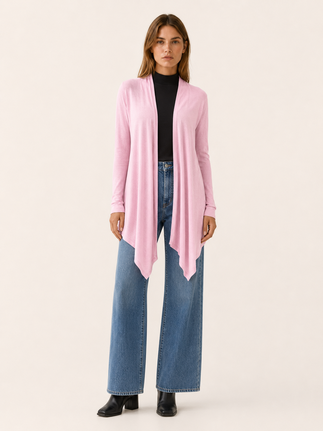 Calista | Long Cardigan with Open Front and Draped Hem