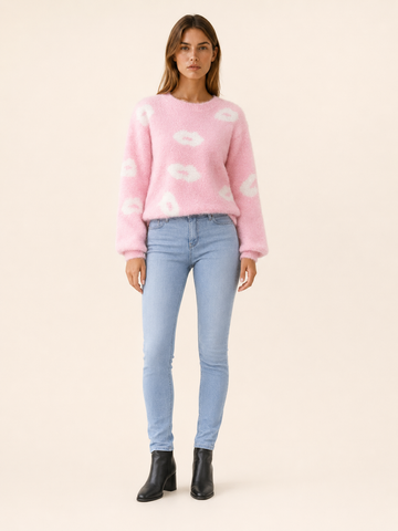 Calithra | Round Neck Sweater with Lips Motif