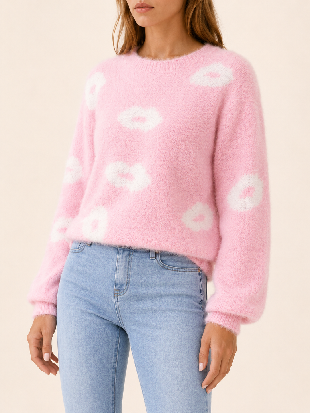 Calithra | Round Neck Sweater with Lips Motif