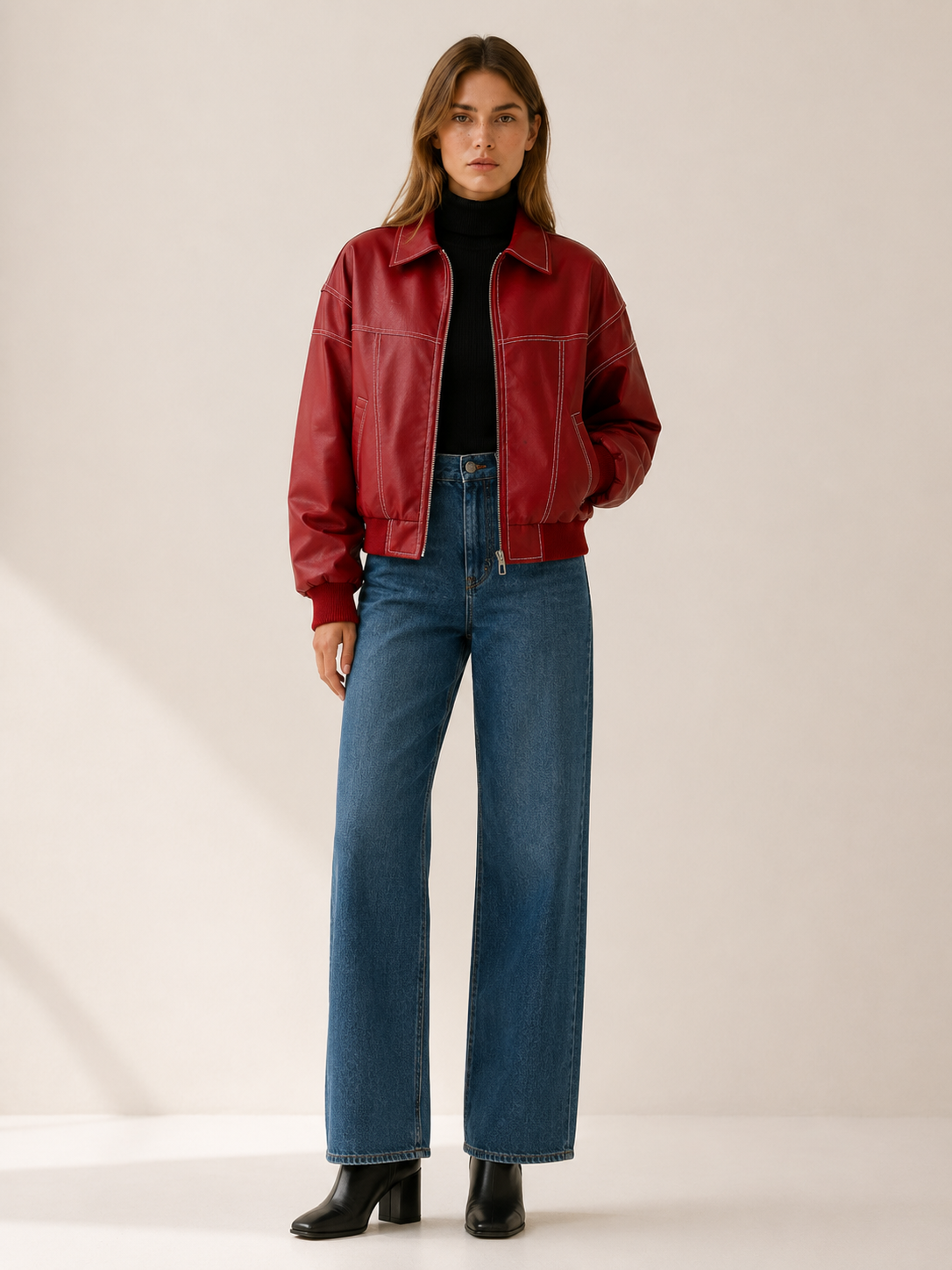 Carys | Leather-Look Bomber Jacket with Contrast Stitching