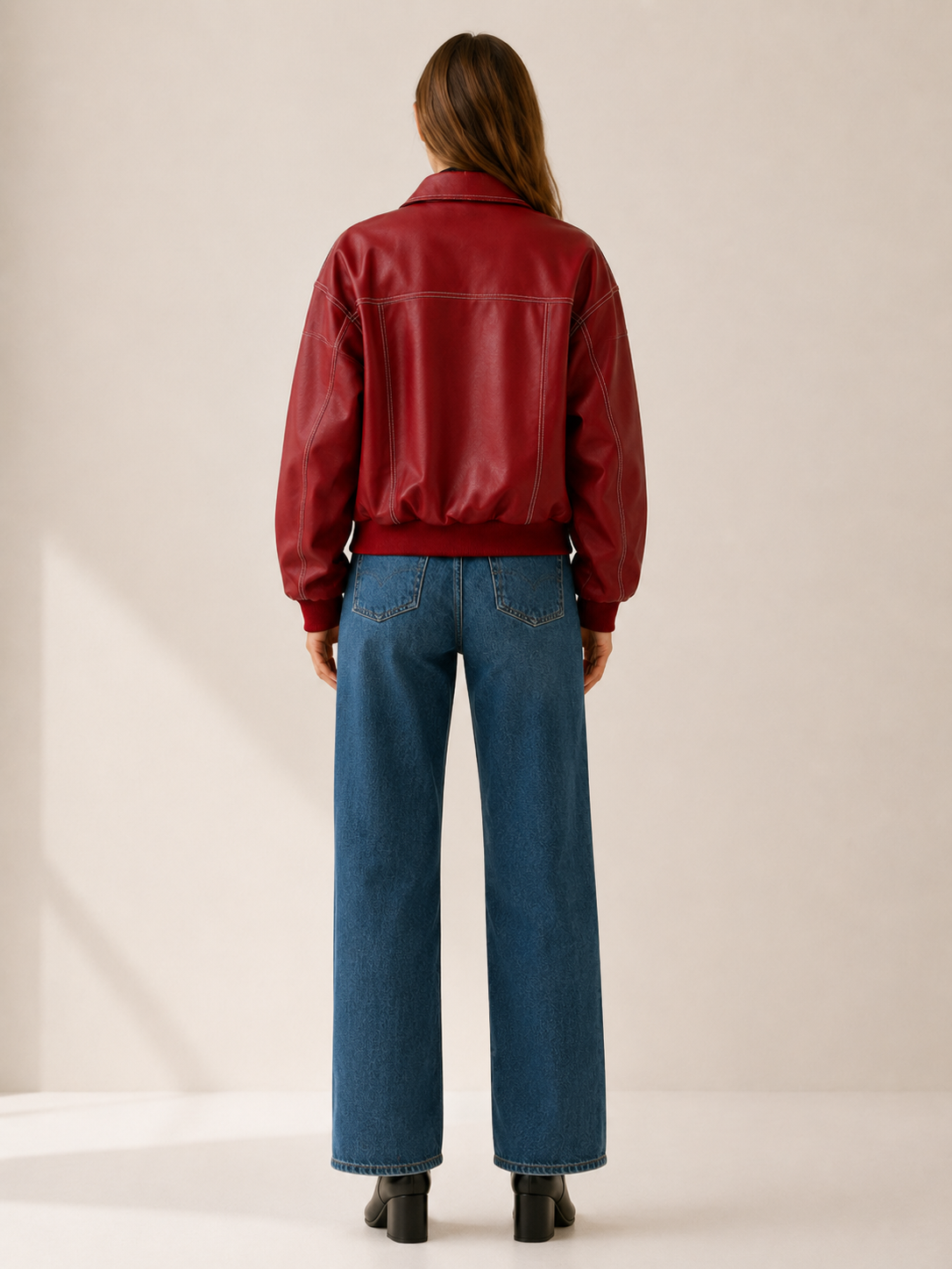 Carys | Leather-Look Bomber Jacket with Contrast Stitching