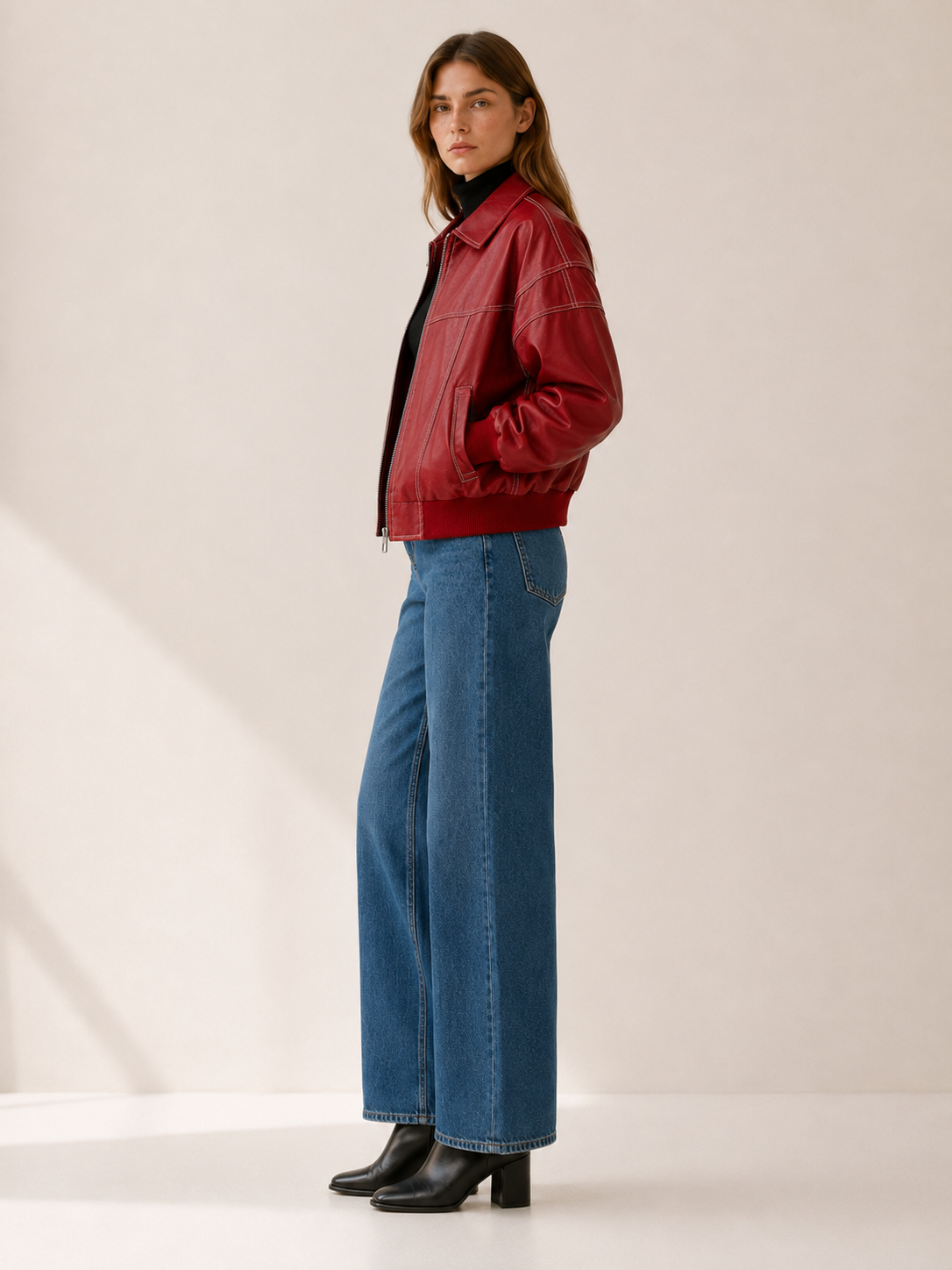 Carys | Leather-Look Bomber Jacket with Contrast Stitching