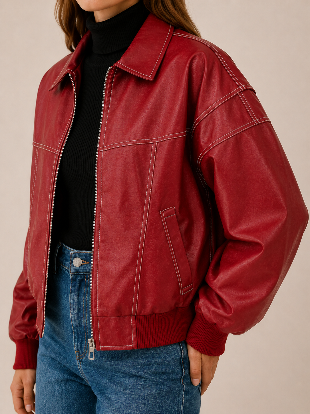 Carys | Leather-Look Bomber Jacket with Contrast Stitching