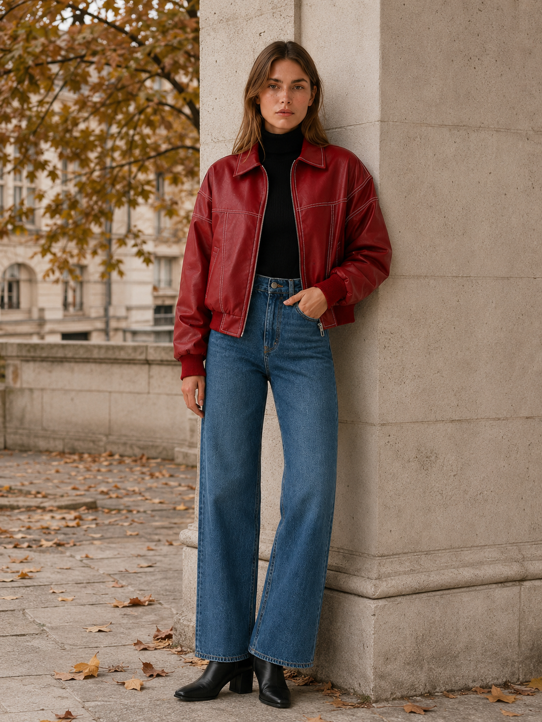 Carys | Leather-Look Bomber Jacket with Contrast Stitching