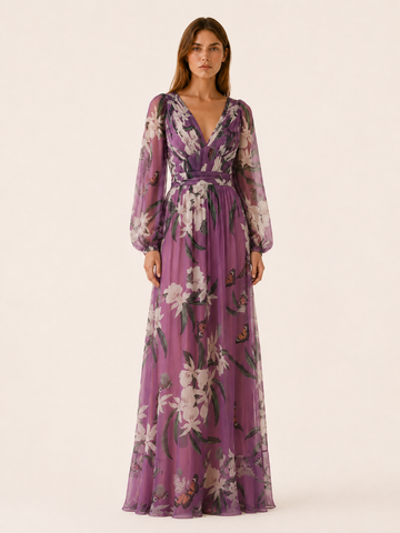 Cecilia | Floral Mesh Maxi Dress with V Neck Long Sleeve Detail