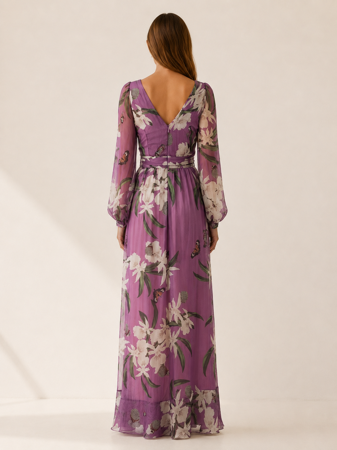 Cecilia | Floral Mesh Maxi Dress with V Neck Long Sleeve Detail
