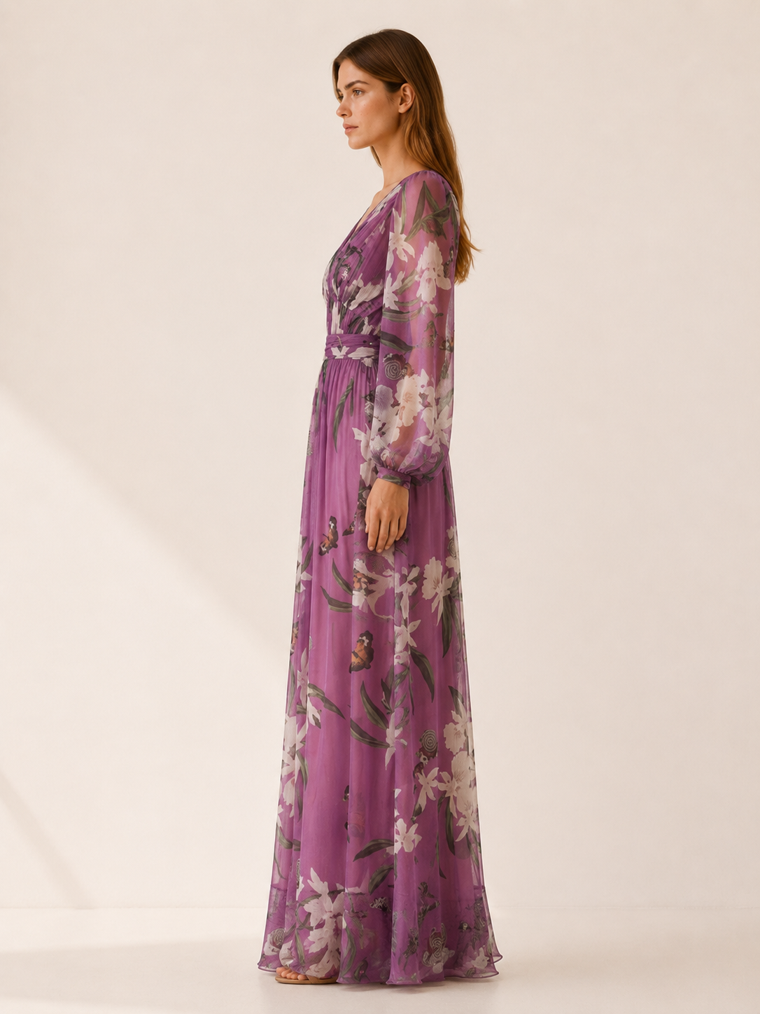 Cecilia | Floral Mesh Maxi Dress with V Neck Long Sleeve Detail