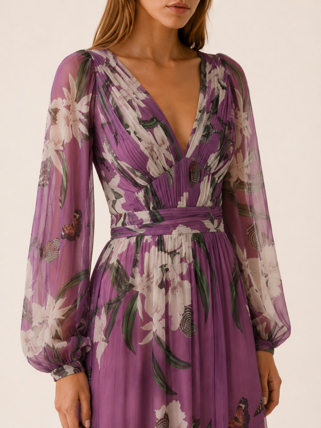 Cecilia | Floral Mesh Maxi Dress with V Neck Long Sleeve Detail