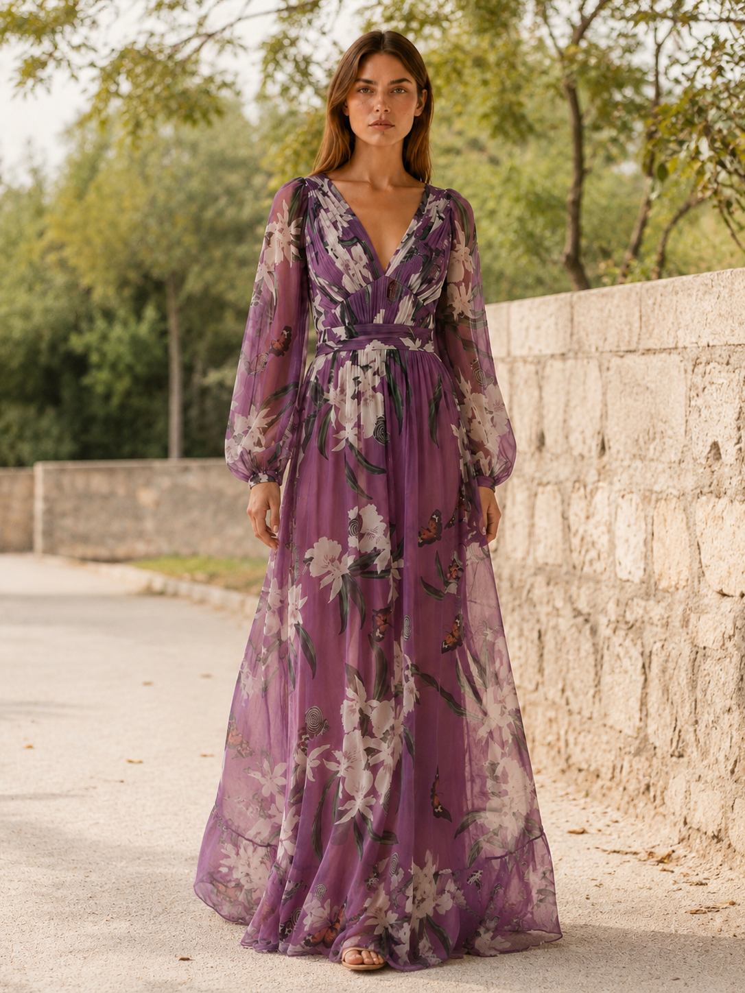 Cecilia | Floral Mesh Maxi Dress with V Neck Long Sleeve Detail