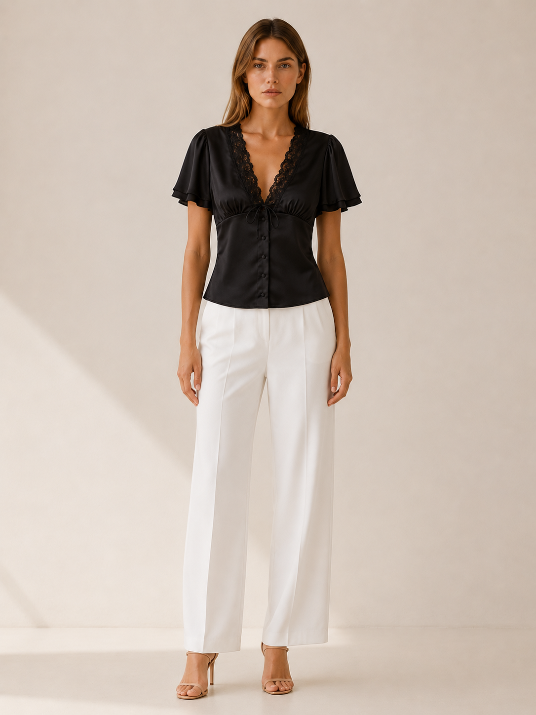 Cecilia | Polyester Blouse with Lace Trim and Flutter Sleeves