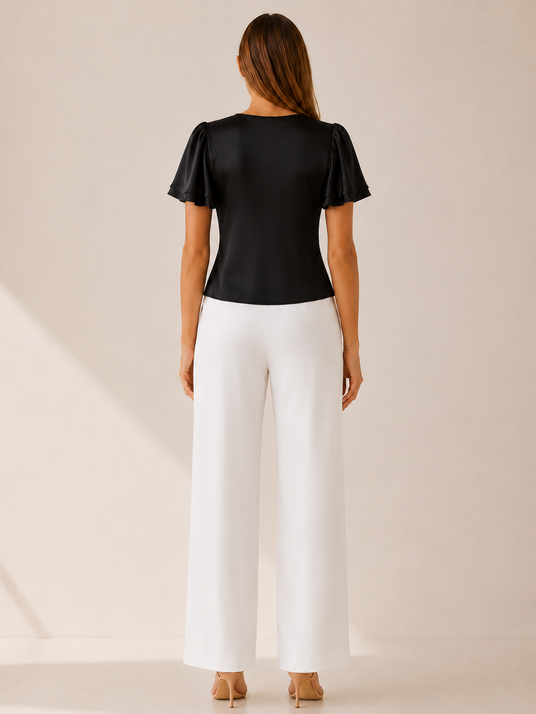 Cecilia | Polyester Blouse with Lace Trim and Flutter Sleeves