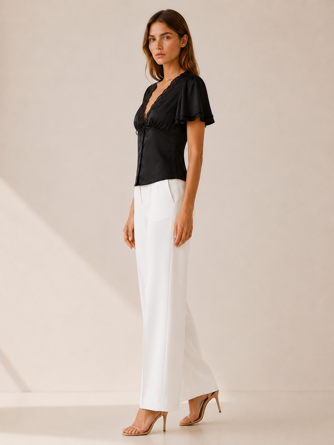 Cecilia | Polyester Blouse with Lace Trim and Flutter Sleeves