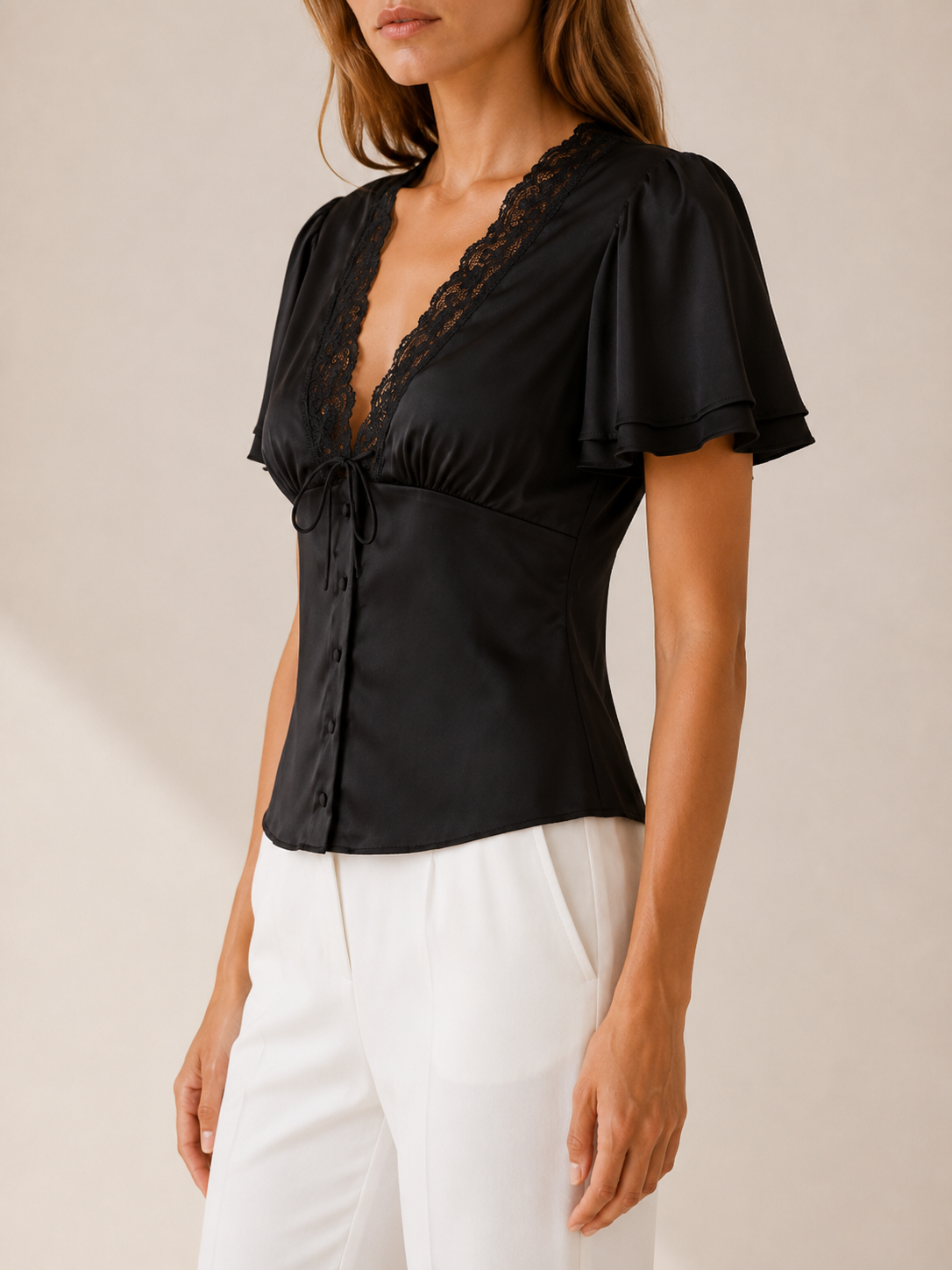Cecilia | Polyester Blouse with Lace Trim and Flutter Sleeves