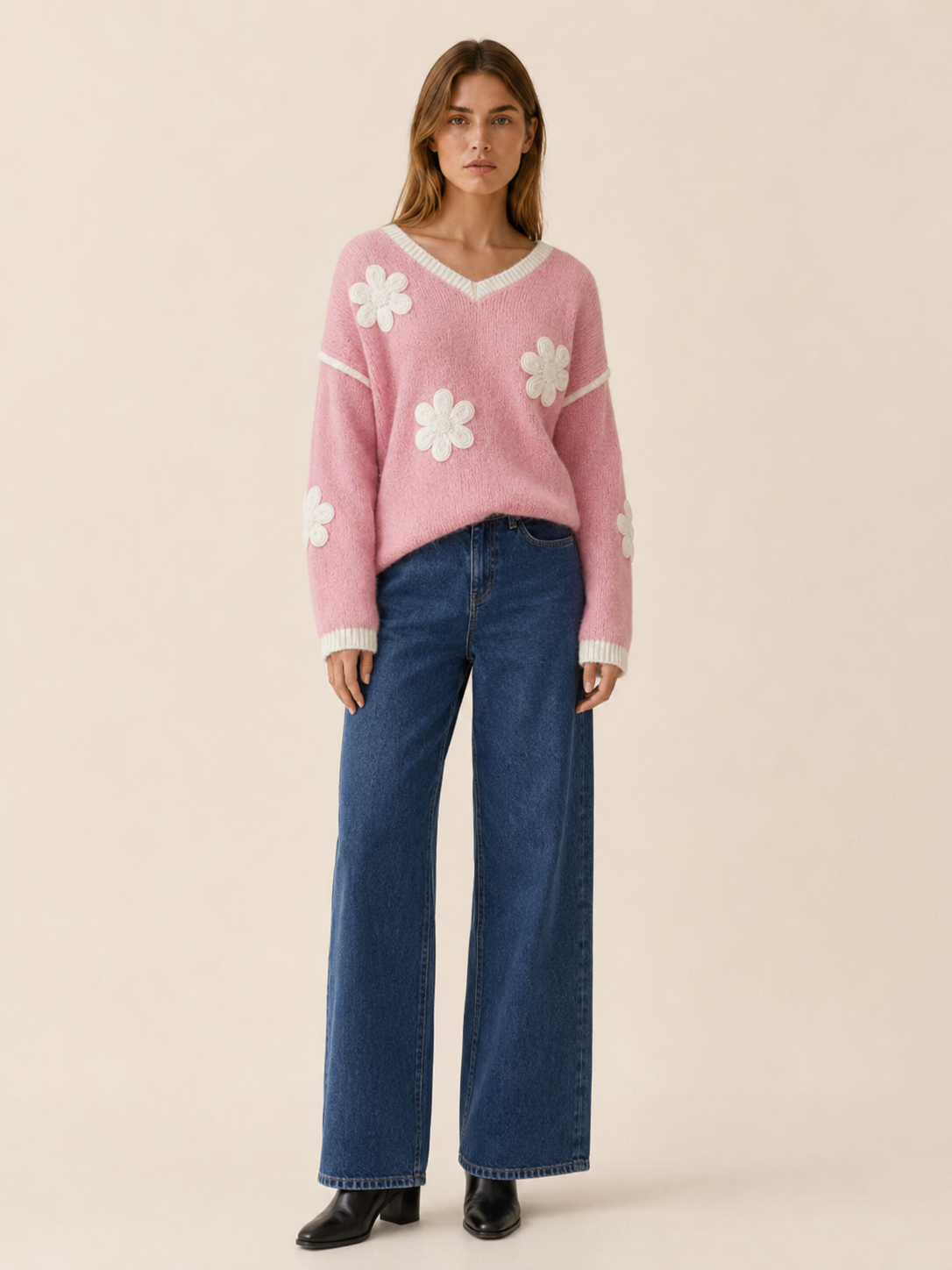 Cecily | V-Neck Jumper with Floral Detail and Drop Shoulders