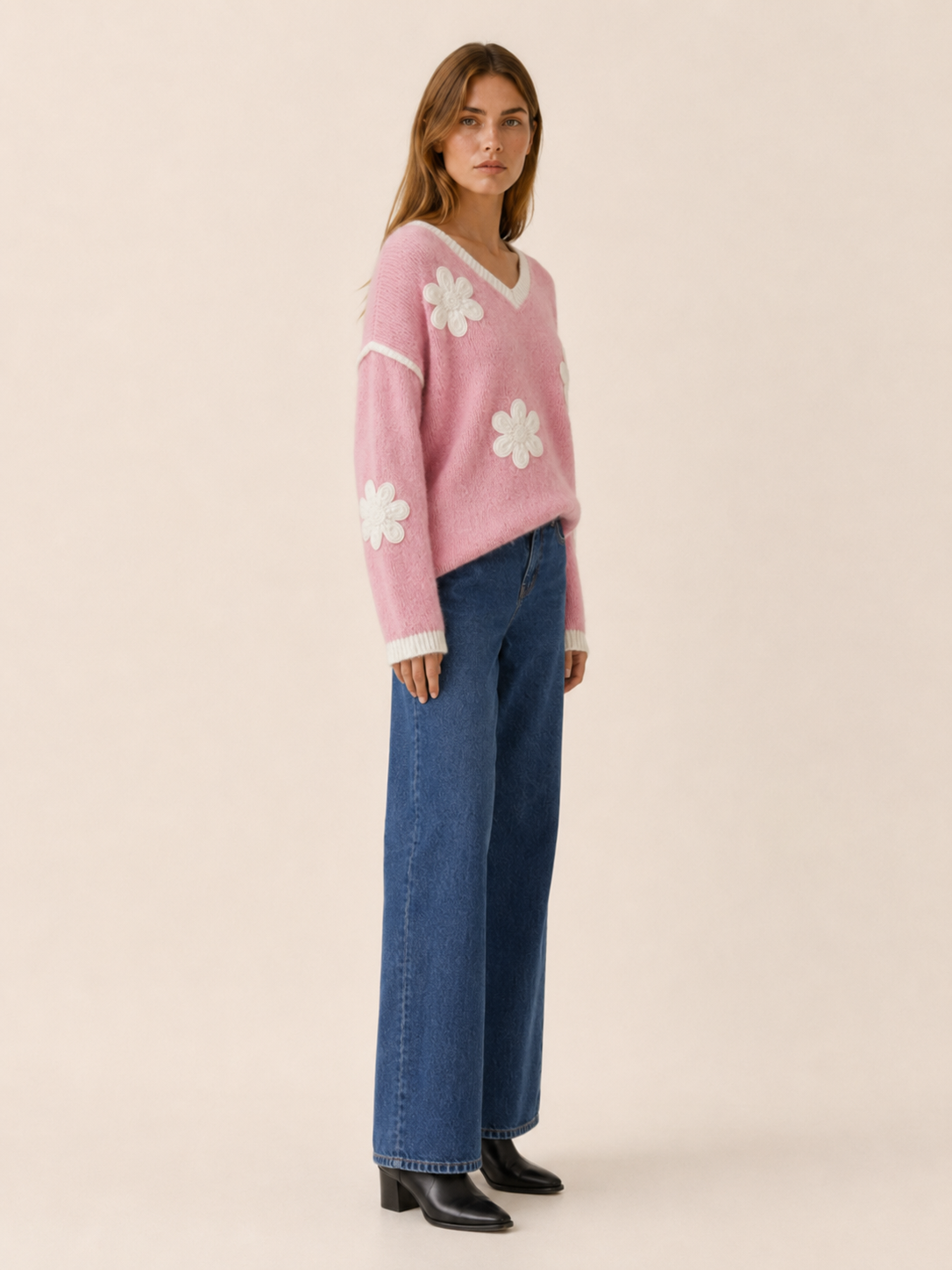 Cecily | V-Neck Jumper with Floral Detail and Drop Shoulders