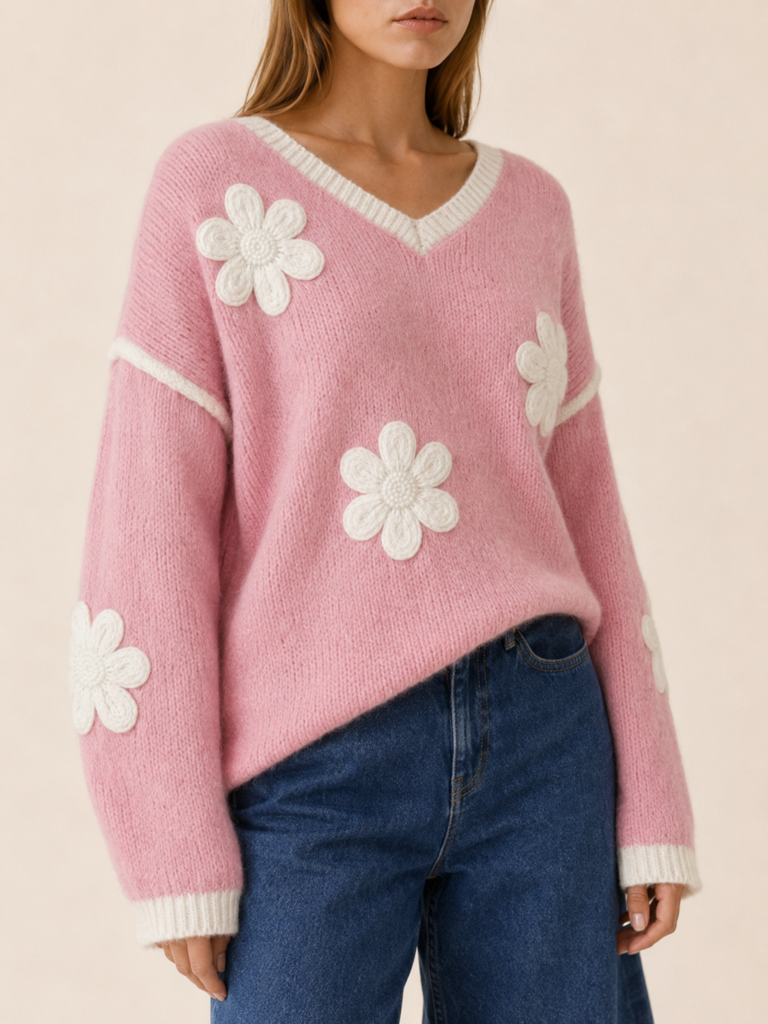 Cecily | V-Neck Jumper with Floral Detail and Drop Shoulders