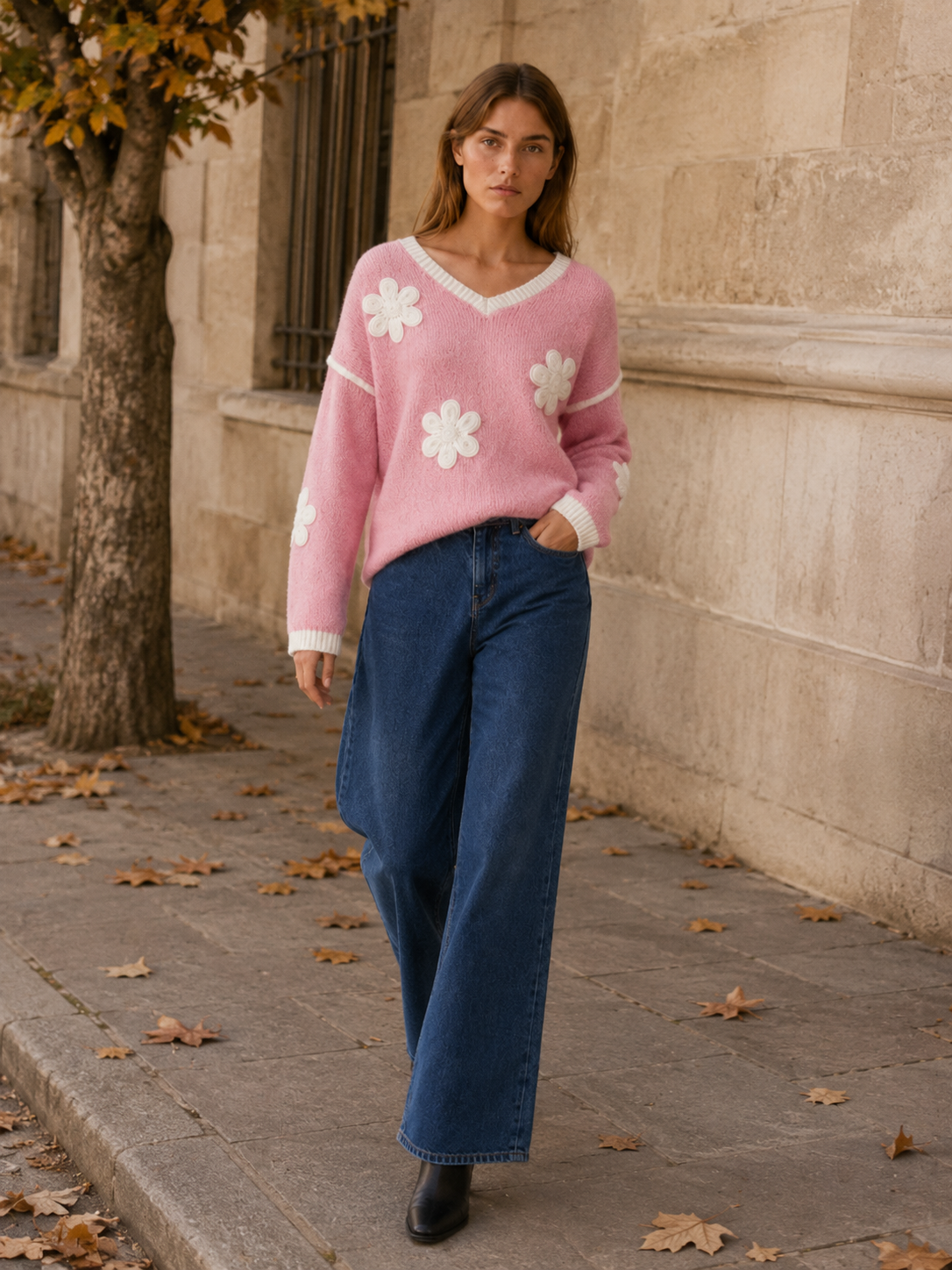 Cecily | V-Neck Jumper with Floral Detail and Drop Shoulders