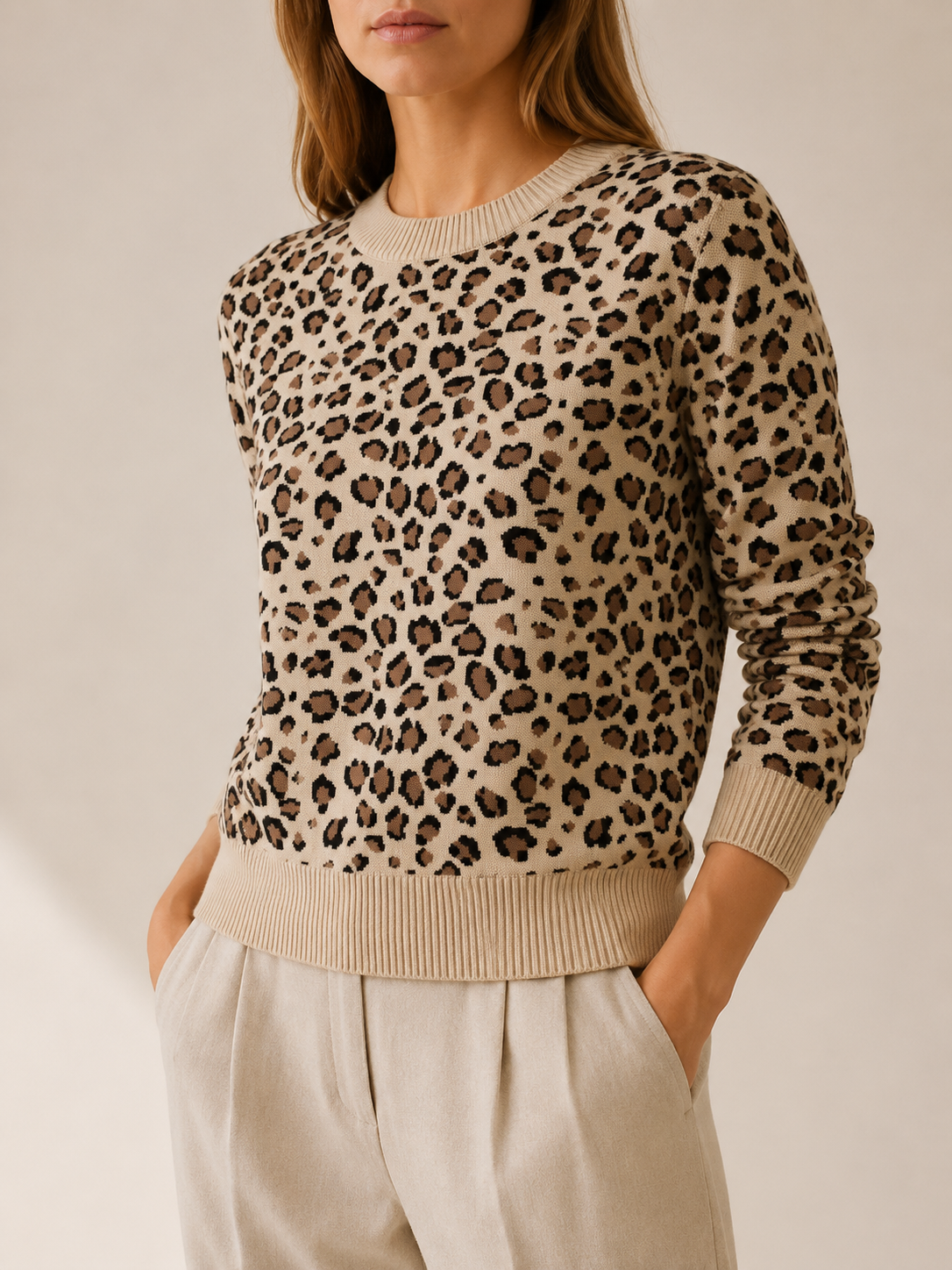 Celestine | Leopard Print Top with Round Neck and Long Sleeves