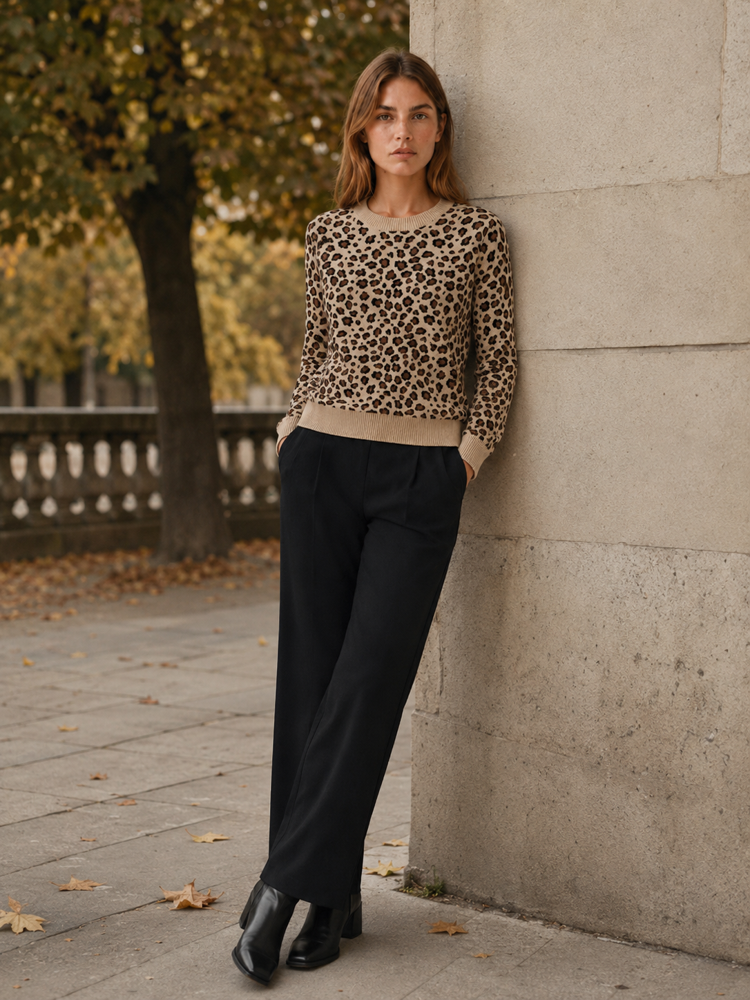 Celestine | Leopard Print Top with Round Neck and Long Sleeves