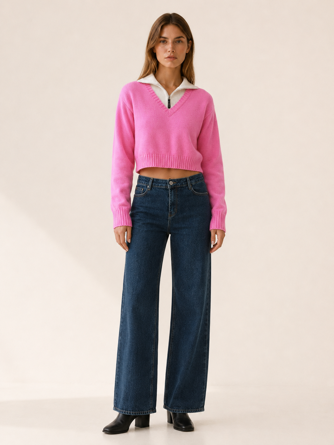 Celmora | Cropped Jumper with Contrast Quarter-Zip Collar