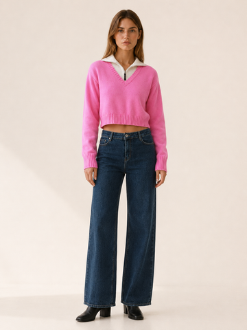 Celmora | Cropped Jumper with Contrast Quarter-Zip Collar