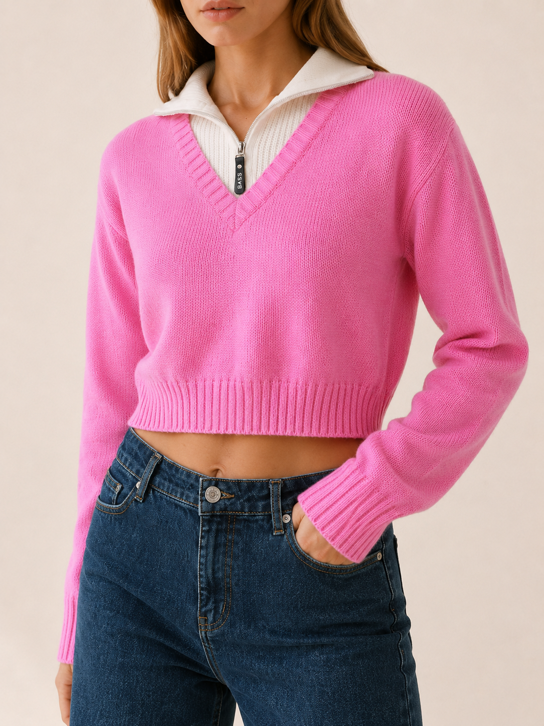 Celmora | Cropped Jumper with Contrast Quarter-Zip Collar