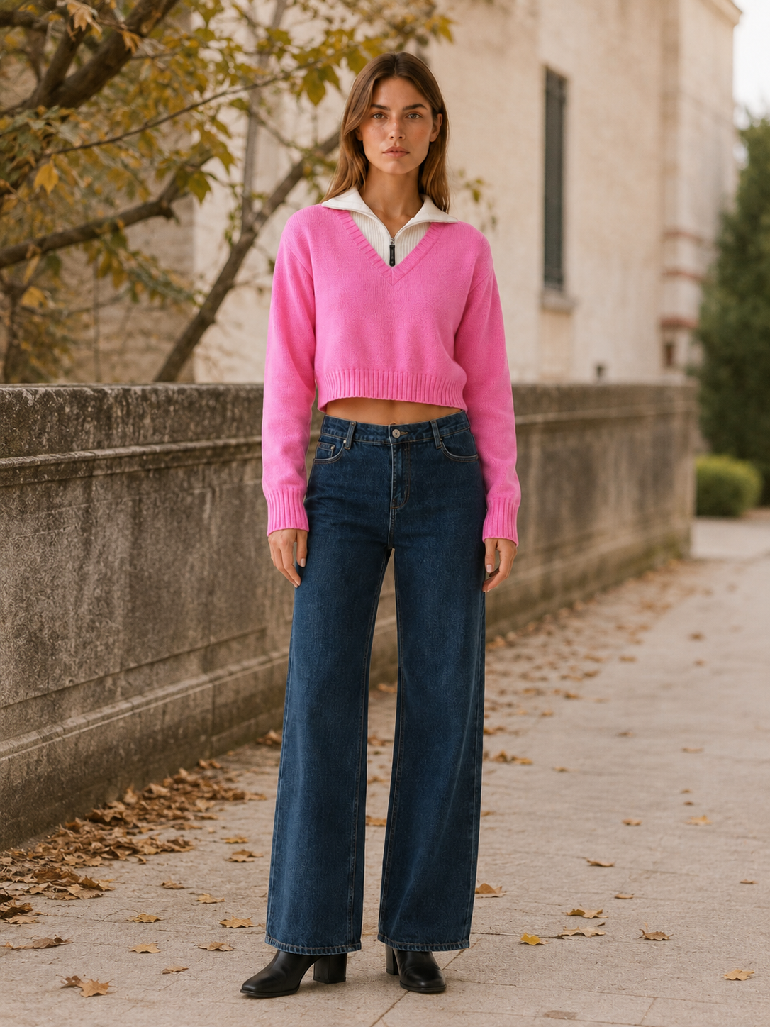 Celmora | Cropped Jumper with Contrast Quarter-Zip Collar