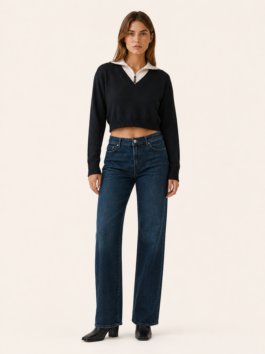Celmora | Cropped Jumper with Contrast Quarter-Zip Collar