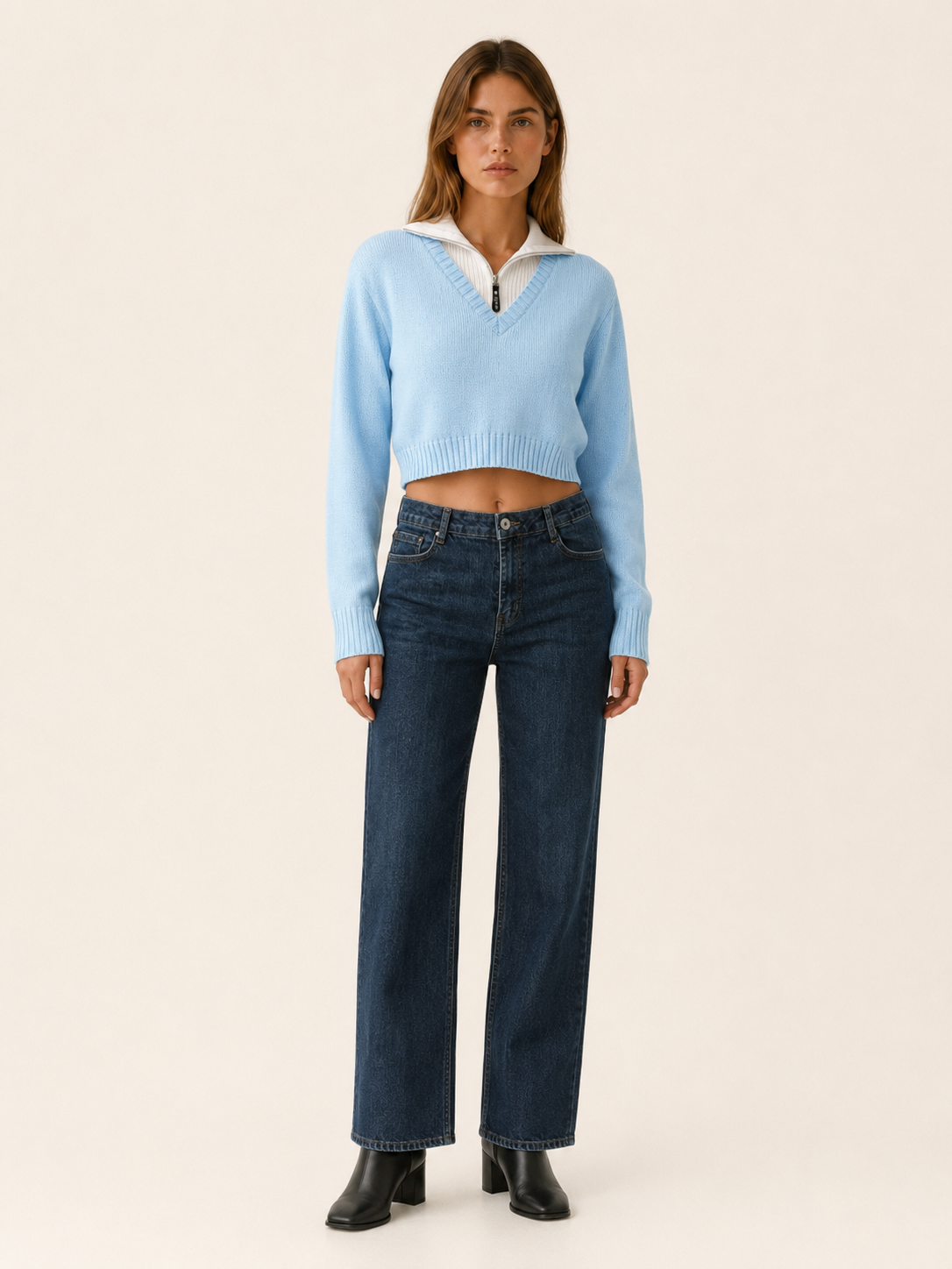 Celmora | Cropped Jumper with Contrast Quarter-Zip Collar