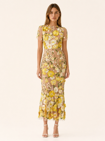 Claribel | Embroidered Maxi Dress with Floral Appliqué