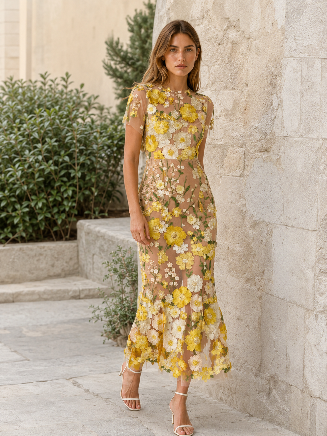 Claribel | Embroidered Maxi Dress with Floral Appliqué