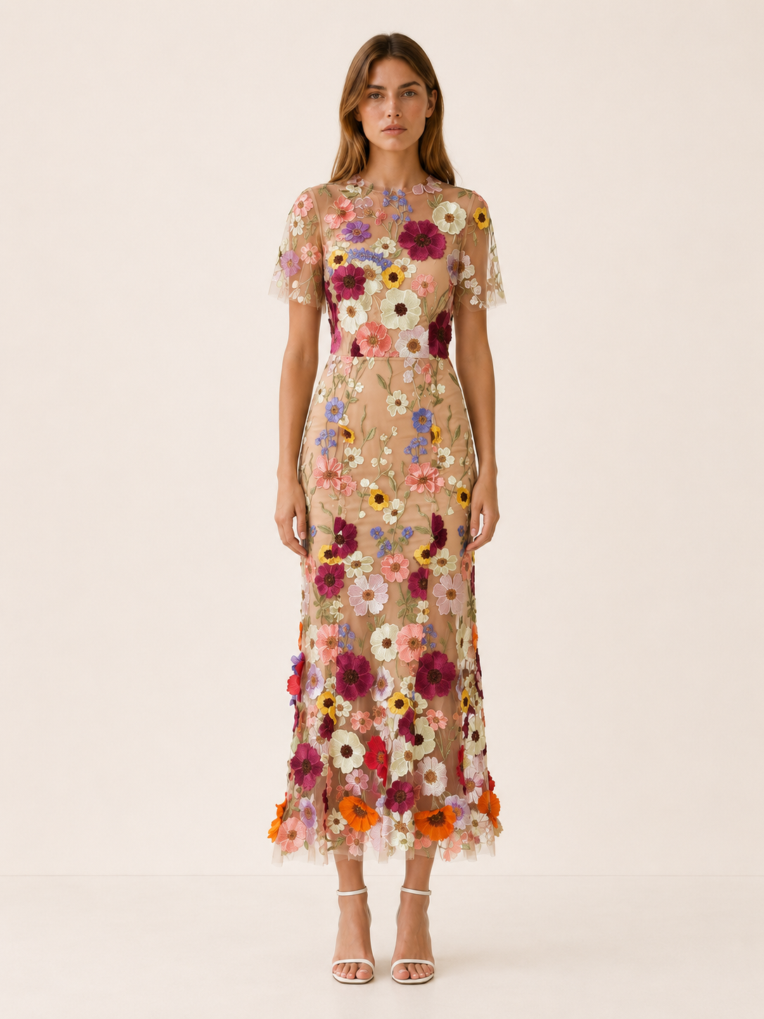 Claribel | Embroidered Maxi Dress with Floral Appliqué