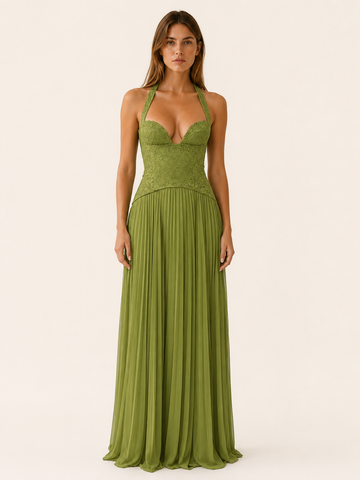 Clarisse | Lace Bodice Maxi Dress with Pleated Skirt